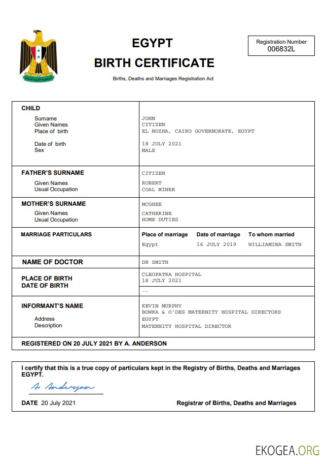 Modèle Word et PDF d'acte de naissance en Égypte